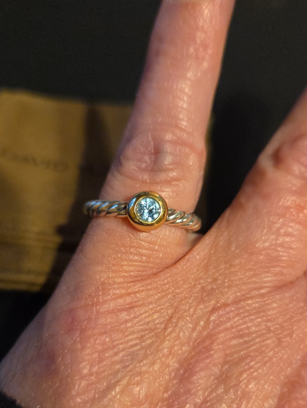 David Yurman Petite Cable Ring 14k Gold Sterling Silver Blue Topaz